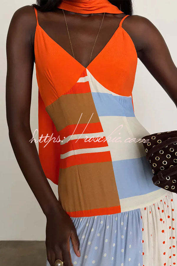 Color-Block Polka Dot Print Pleated Maxi Dress