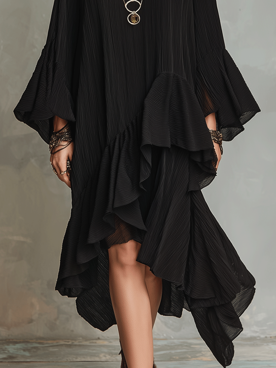 Black Asymmetric Ruffle Midi Dress – Boho Style