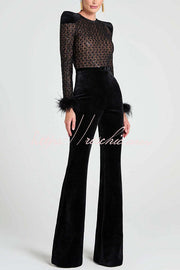 Lace Sequin Velvet Patchwork Flare Jumpsuit with Feather Trim