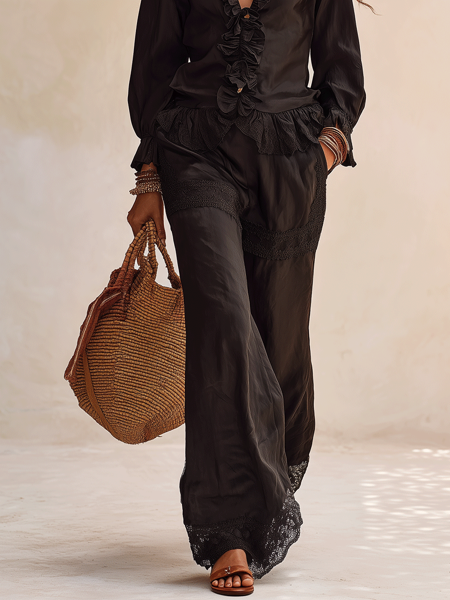 Black Cotton Ruffle Two-Piece Set | Boho Top & Skirt