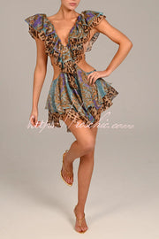 Floral Leopard Print Cutout Waist Tiered Ruffle Mini Dress
