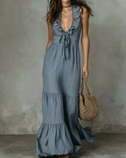 Deep V Ruffle Sleeveless Dress