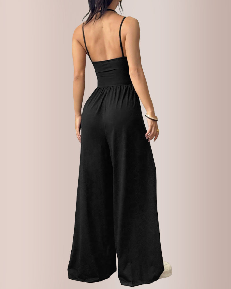 Women's Sleeveless Halter Wide-Leg Jumpsuit with Open Back
