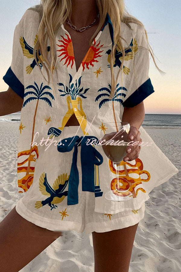 Holiday Print Loose Shorts Set with Button & Elastic Waist