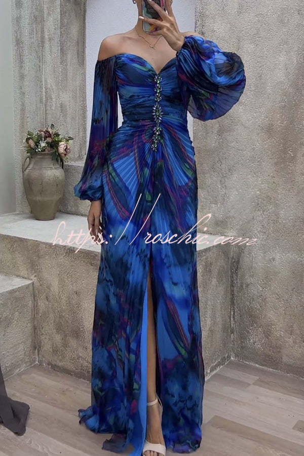 Off Shoulder Printed Pleated Maxi Dress with Diamond Detail