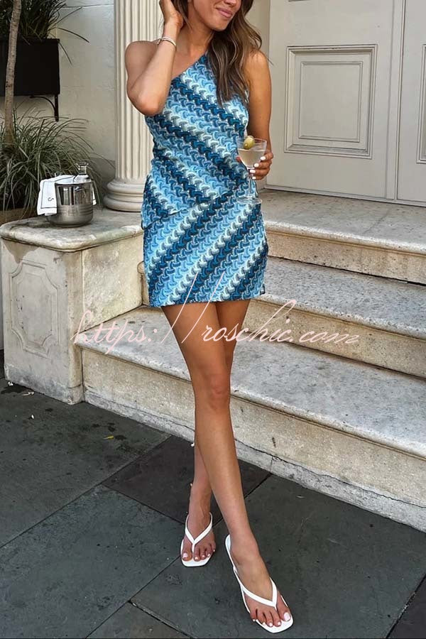 Wave Print One Shoulder Top & Mini Skirt Set