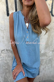 Sleeveless V-Neck Mini Dress with Pockets – Loose Casual Fit