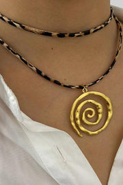 Leopard Print Leather Cord Spiral Stainless Steel Necklace