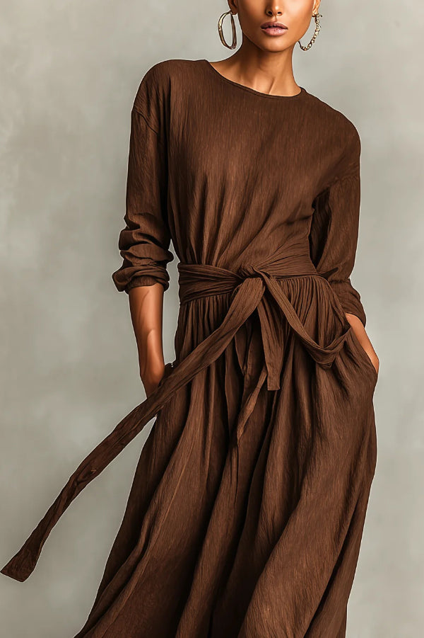 Linen Blend Maxi Dress with Waist Tie and Pockets