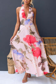 Floral Print Halter Neck Backless Maxi Dress