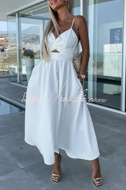 Sleeveless V-Neck Cutout Midi Dress with Pockets