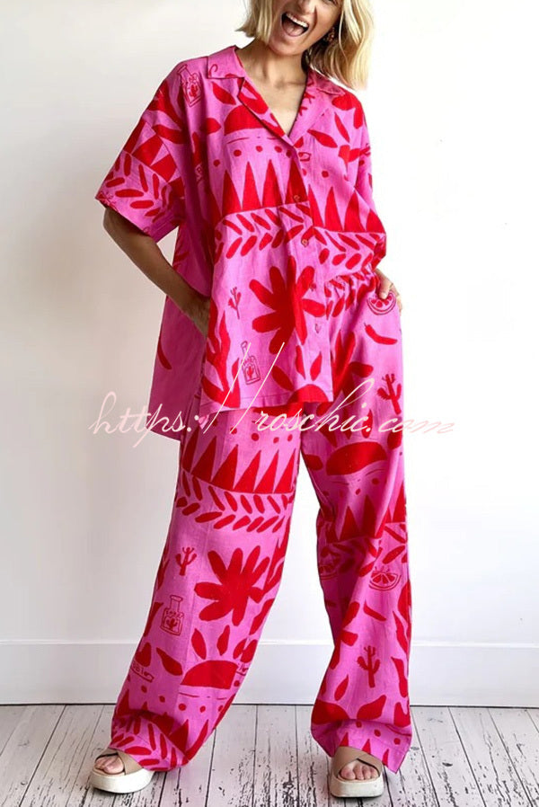 Linen Printed Shirt and Elastic Waist Pants Set