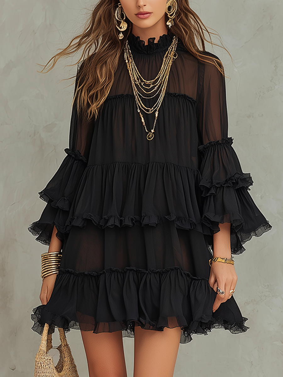Black Ruffled Bohemian Midi Maxi Dress with Smocked Waist
