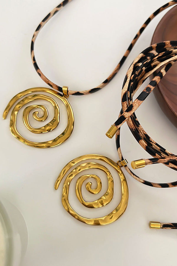 Leopard Print Leather Cord Spiral Stainless Steel Necklace