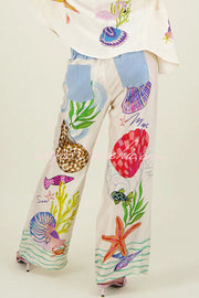 Satin Wide Leg Pants with Marine Print & Elastic Waist