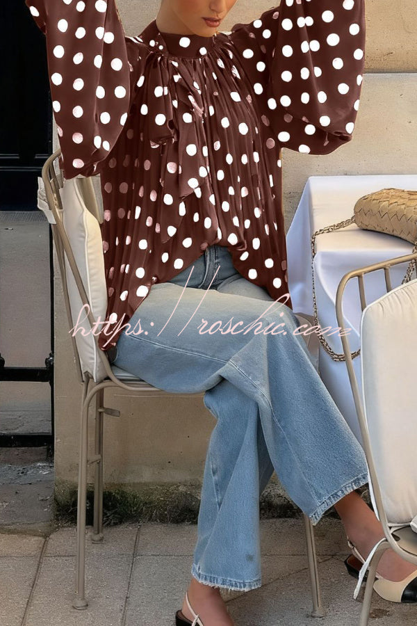 Polka Dot Lantern Sleeve Tie-Waist Loose Shirt