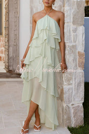 Chiffon Halter Neck Ruffle Maxi Dress – Loose Fit