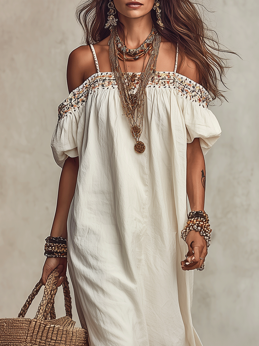 Ivory Embroidered Off-Shoulder Midi Dress | Boho Style