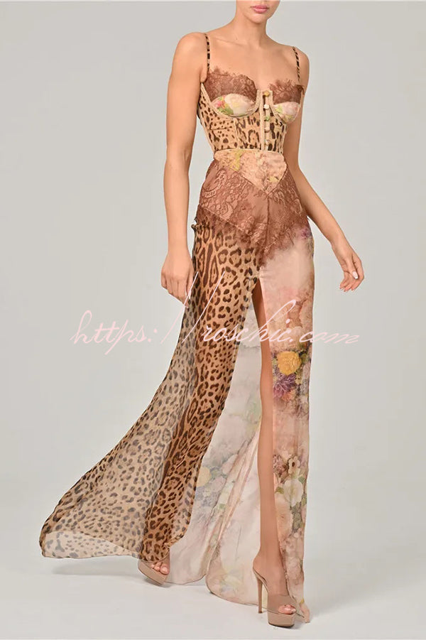 Chiffon Leopard Print Maxi Dress with High Slit