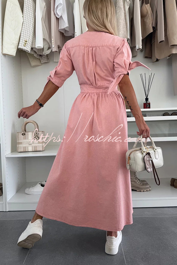Denim Midi Dress V-Neck Button-Down Half Sleeve Loose Fit