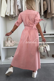 Denim Midi Dress V-Neck Button-Down Half Sleeve Loose Fit