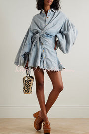 Denim Balloon Sleeve Wrap Mini Dress with Twisted Hem