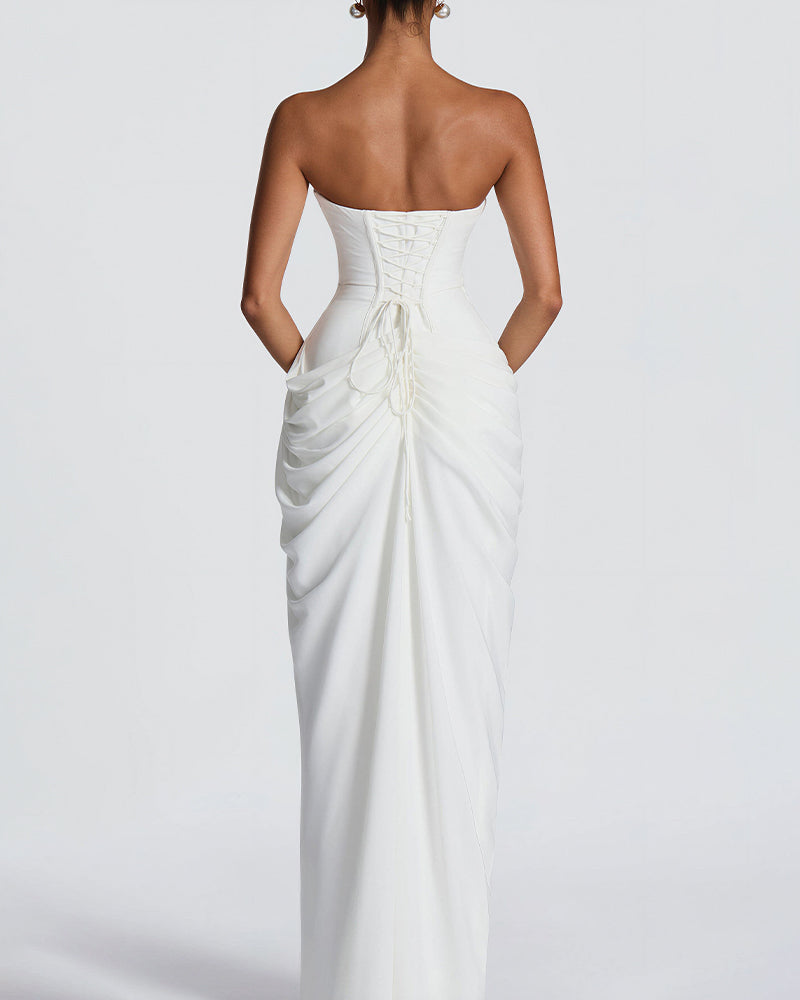 Strapless Ruched High Slit Corset Maxi Dress