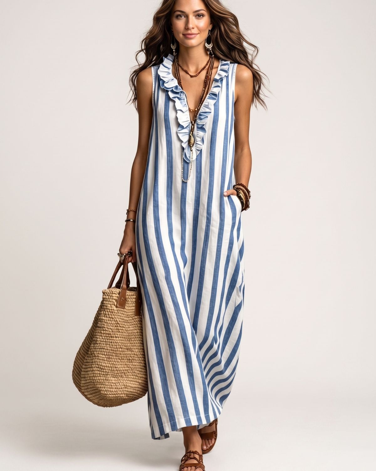 Stripe Ruffle V-Neck Pocket Dress