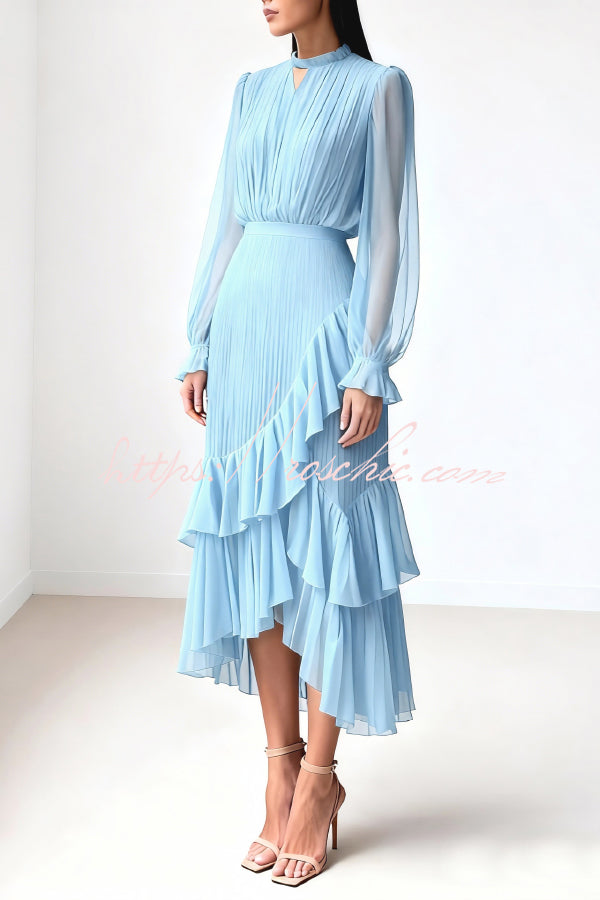 Ruffle Midi Dress Long Sleeve Round Neck Fitted Waist