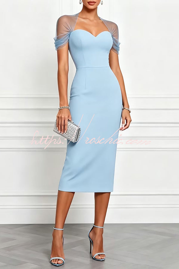 Mesh Sleeve Patchwork Sweetheart Neck Stretch Midi Dress
