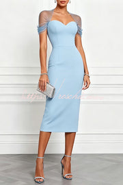 Mesh Sleeve Patchwork Sweetheart Neck Stretch Midi Dress