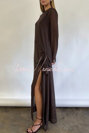 Mesh See-Through Maxi Dress with Tie Bow & Side Slit