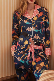 Blue Constellation Print Long Sleeve Two-Piece Lounge Set
