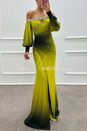 Gradient Print Off-Shoulder Gem Detail Maxi Gown Dress