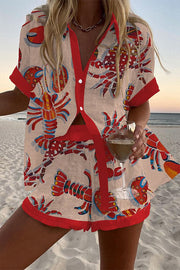 Lobster & Crab Print Shorts Set with Button-Up Top