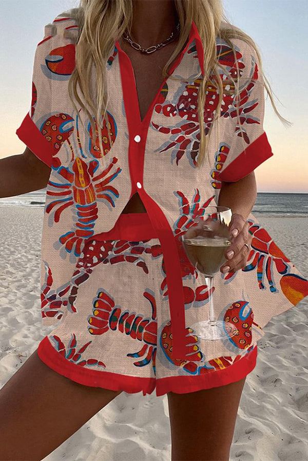 Lobster & Crab Print Shorts Set with Button-Up Top