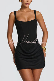 Satin Drape Square Neck Lace-Back Mini Dress