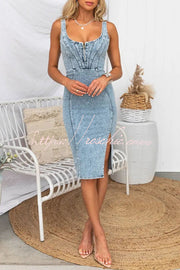 Denim Midi Dress with Adjustable Straps & Zip-Up Front