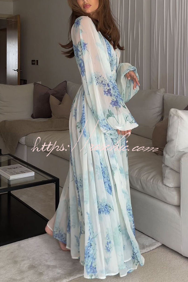Chiffon Floral Maxi Dress with Drawstring Waist & Lantern Sleeves