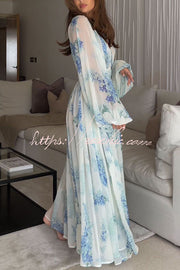 Chiffon Floral Maxi Dress with Drawstring Waist & Lantern Sleeves