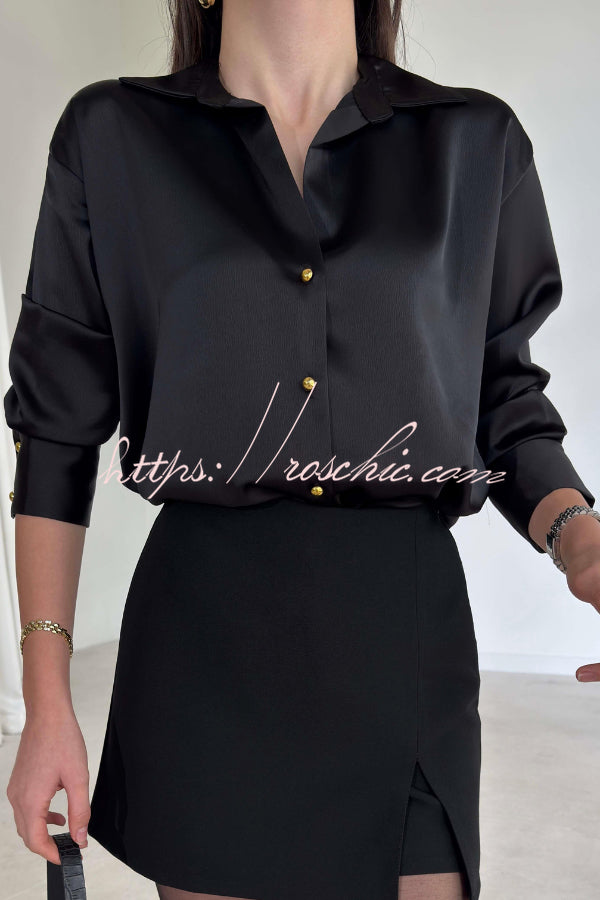 Satin Texture Long Sleeve Loose Shirt | Office Blouse