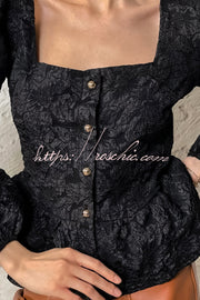 Jacquard Square Neck Puff Sleeve Button Top