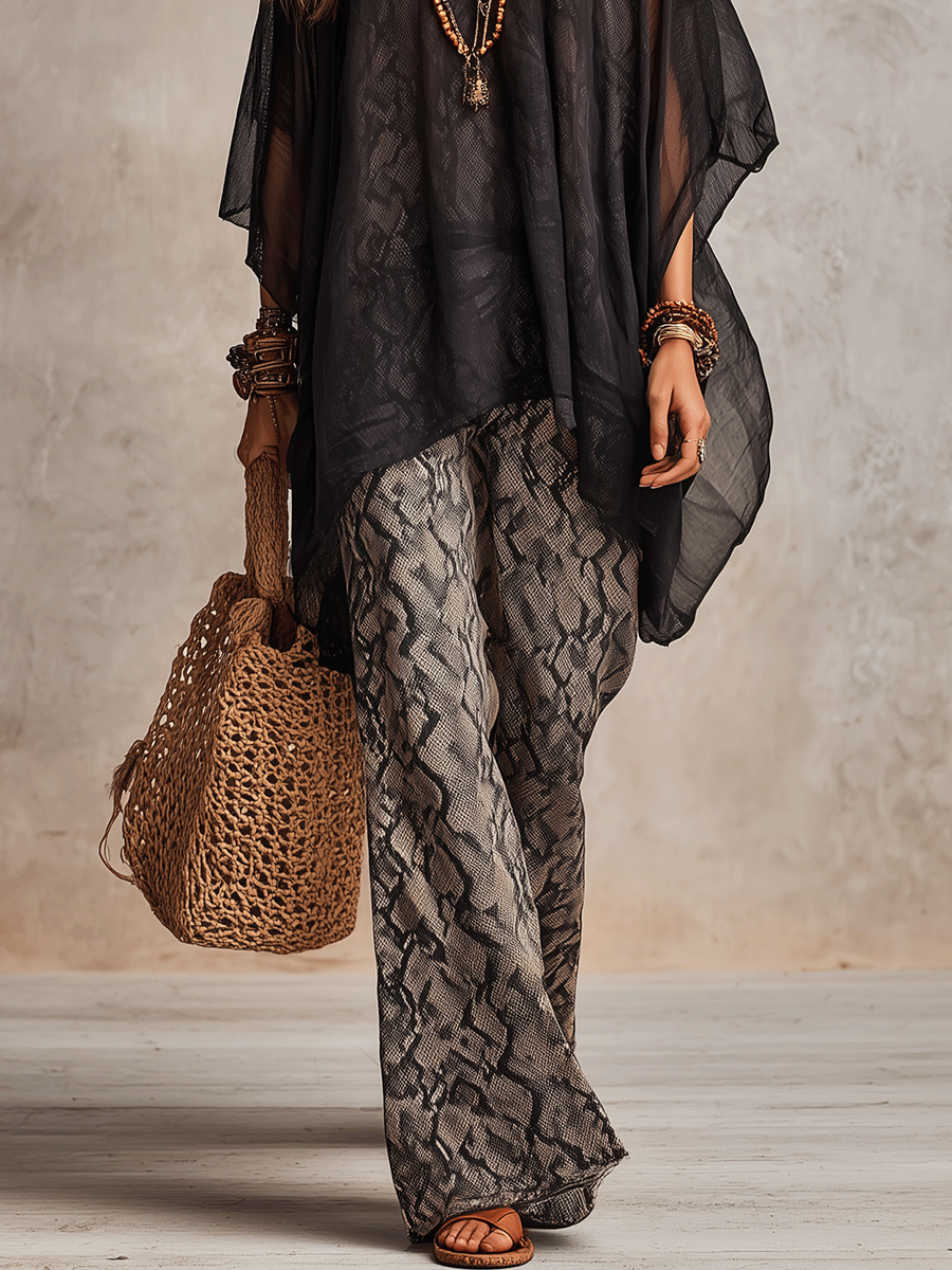 Sheer Oversized Top and Wide-Leg Pants Set