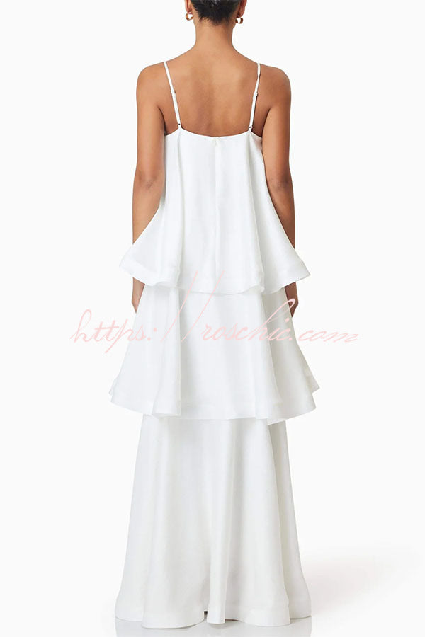 Satin Tiered Maxi Dress – Square Neck Sleeveless A-Line