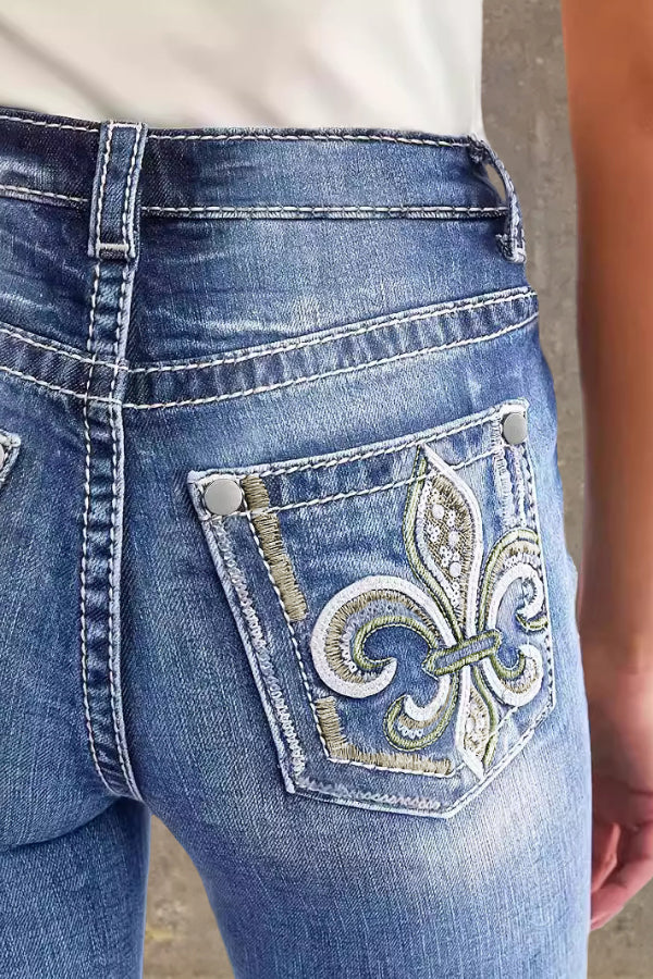 Embroidered High-Waisted Stretch Jeans with Double Button