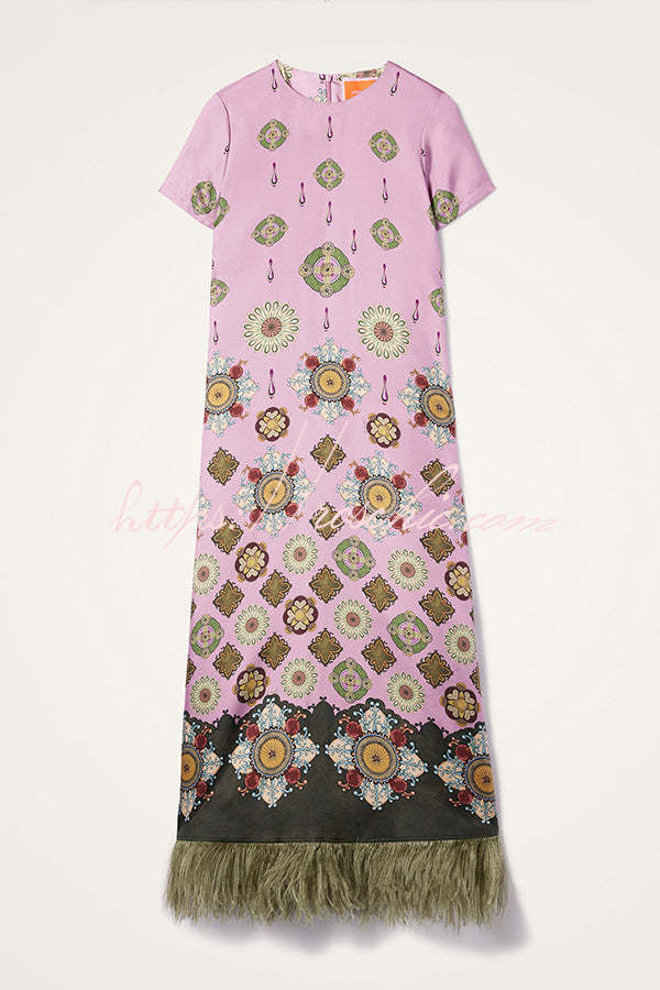 Satin Baroque Printed Maxi Dress with Feather Trim