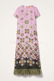 Satin Baroque Printed Maxi Dress with Feather Trim