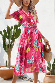 Contrast Floral Print Belted Pleated Midi Dress