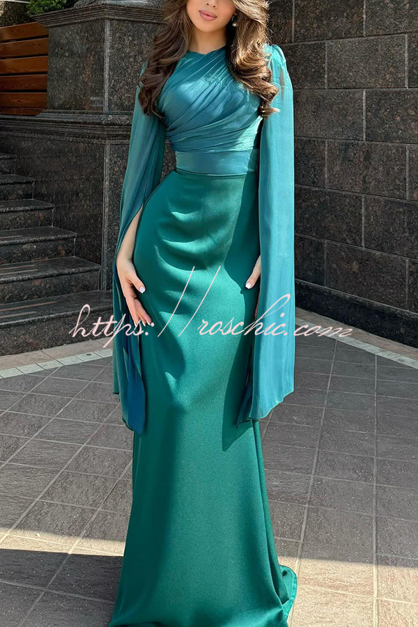 Ruched Organza Satin Patchwork Maxi Dress with Bell Sleeves
