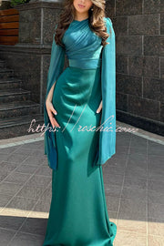Ruched Organza Satin Patchwork Maxi Dress with Bell Sleeves